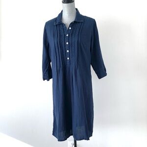 Navy Blue Linen Midi Dress 3/4 Sleeve Button Up Sz S Quiet Luxury Chic Vacation